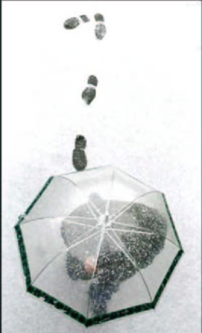 Umbrella, snow, footsteps