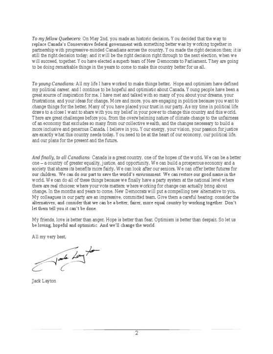 Jack Layton's Letter 2