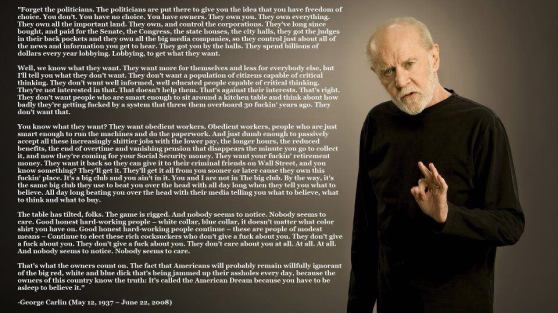 George Carlin on Politicians. Reminds me of the joke Second cousins twice removed, once forcibly