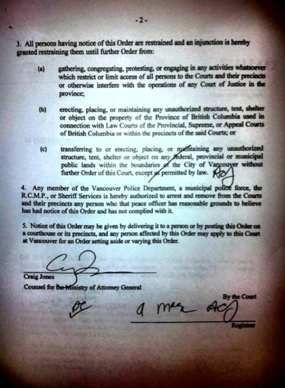 Occupy Vancouver Injunction Provincial 2