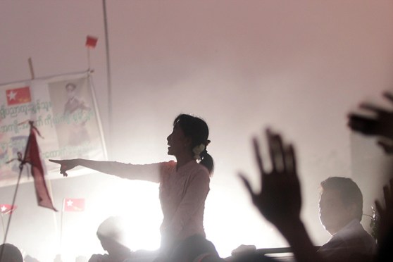 Rangoon, Burma: Opposition leader Aung San Suu Kyi addresses supporters Aung San Suu Kyi