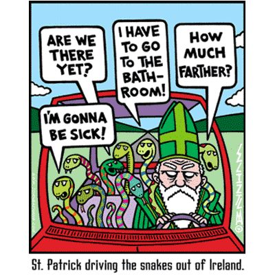St Patrick driving the snakes out of Ireland