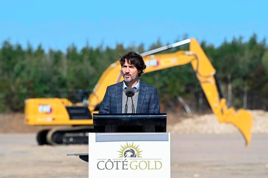 Canadian Prime Minister Justin Trudeau speaks while taking part in a ground breaking event at the Iamgold Cote Gold mining site in Gogama, Ont., on Friday, September 11, 2020. THE CANADIAN PRESS/Nathan Denette https://www.saanichnews.com/news/trudeau-kicks-off-cabinet-retreat-warns-against-relaxing-guard-on-covid-19/